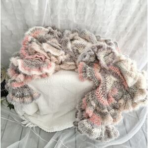 Hand Made LONG Curly Crochet CORKSCREW Throw Blanket FUZZY Grey Beige Pink